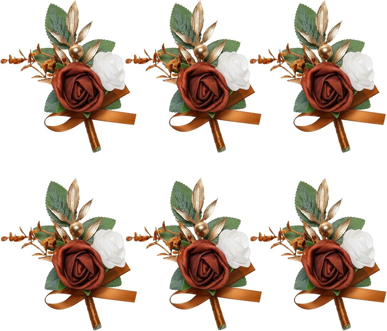 6 PCS Burnt Orange Boutonniere Set for Men – Terracotta Artificial Groomsmen Wedding Flowers with Pins for Groom, Best Man, Fall Rustic Weddings, Prom, Ceremony & Formal Events